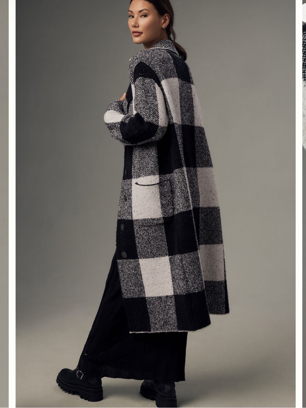 Anthropologie | Pilcro Mackinaw Knit Sweater Coat in Black White Plaid Check XSP - Picture 9 of 14